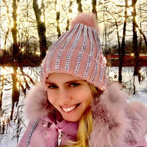 Pink Rhinestone Hat, Bling Warm Winter Beanie, Ski
